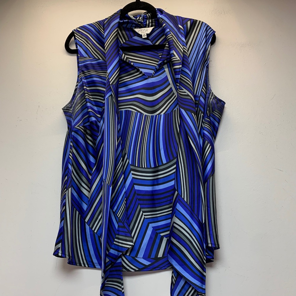 Kasper Separates Blouse Womens 1X Blue Excellent Geometric Stripe Tie Neck Top